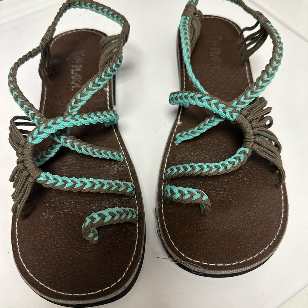 Plaka slip on sandals turquoise and brown size 8
